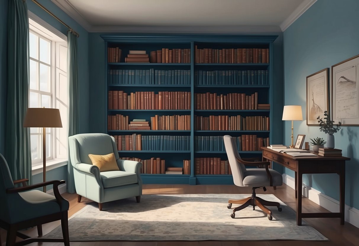 A serene, well-lit study with a comfortable armchair, a desk with organized papers, and a bookshelf filled with volumes on psychology and finance