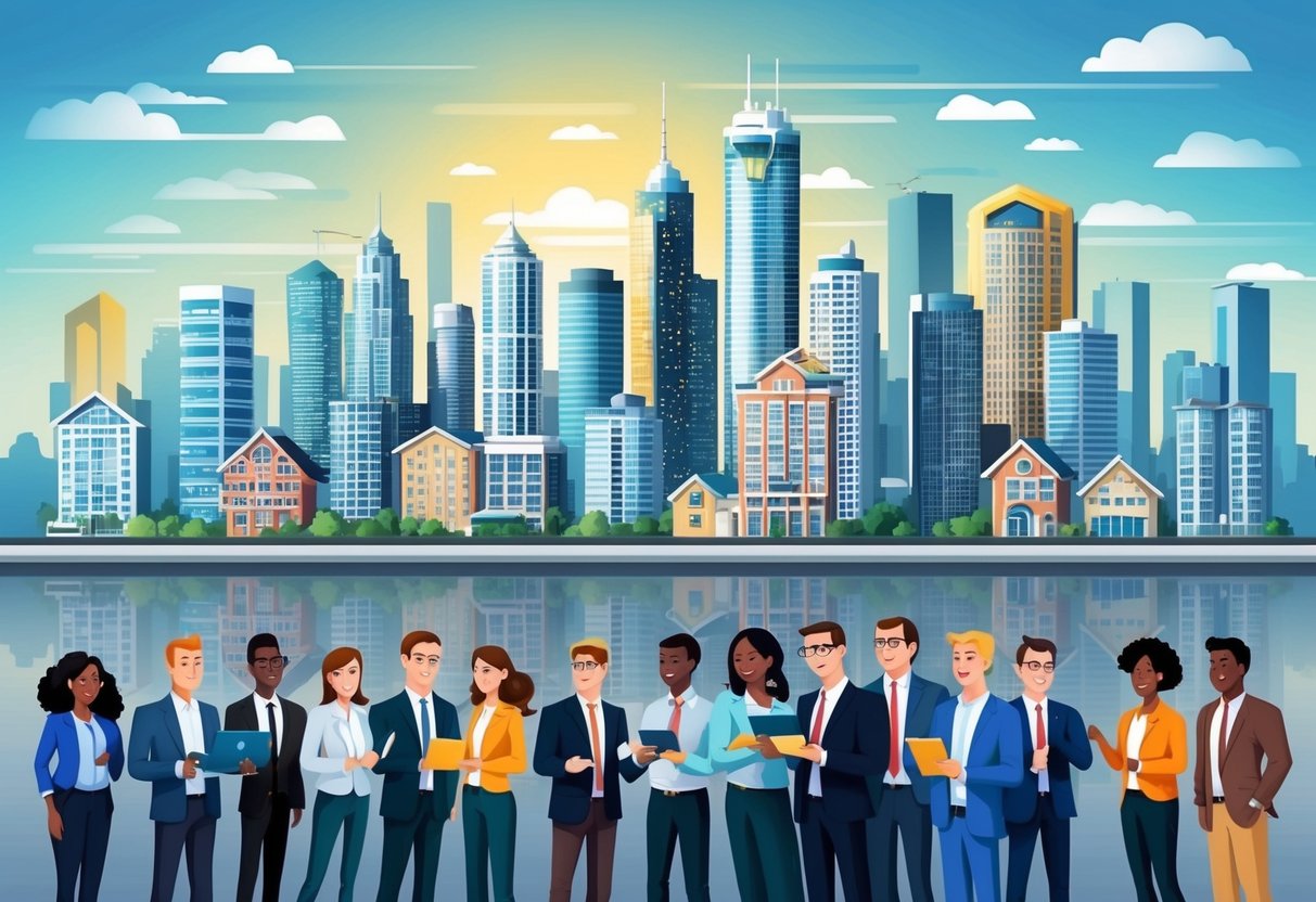 A bustling city skyline with various real estate properties, alongside a diverse group of investors engaging in crowdfunding activities