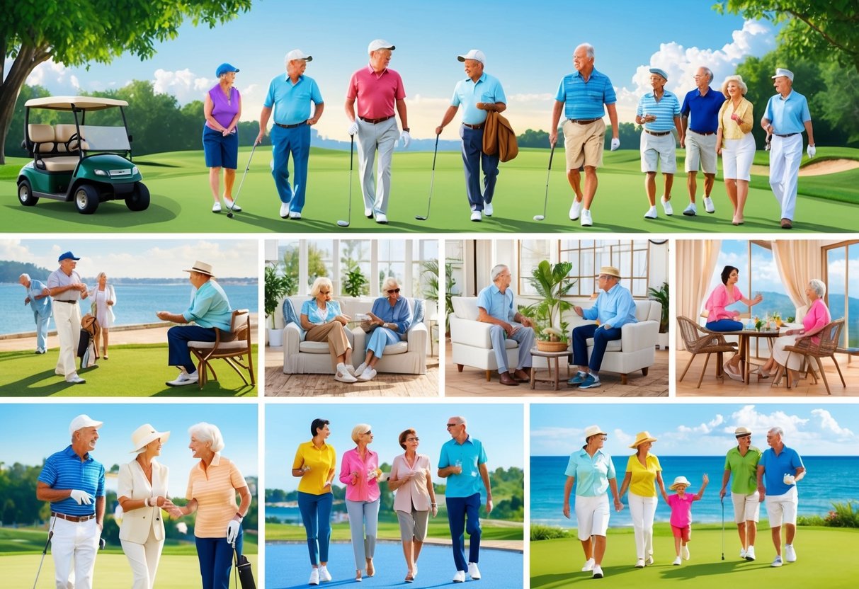 A group of wealthy retirees engaged in various leisure and social activities, such as golfing, traveling, and socializing with friends and family
