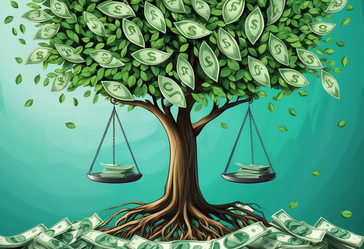 A tree growing money leaves, with roots feeding into a scale, symbolizing reinvesting passive income to scale faster