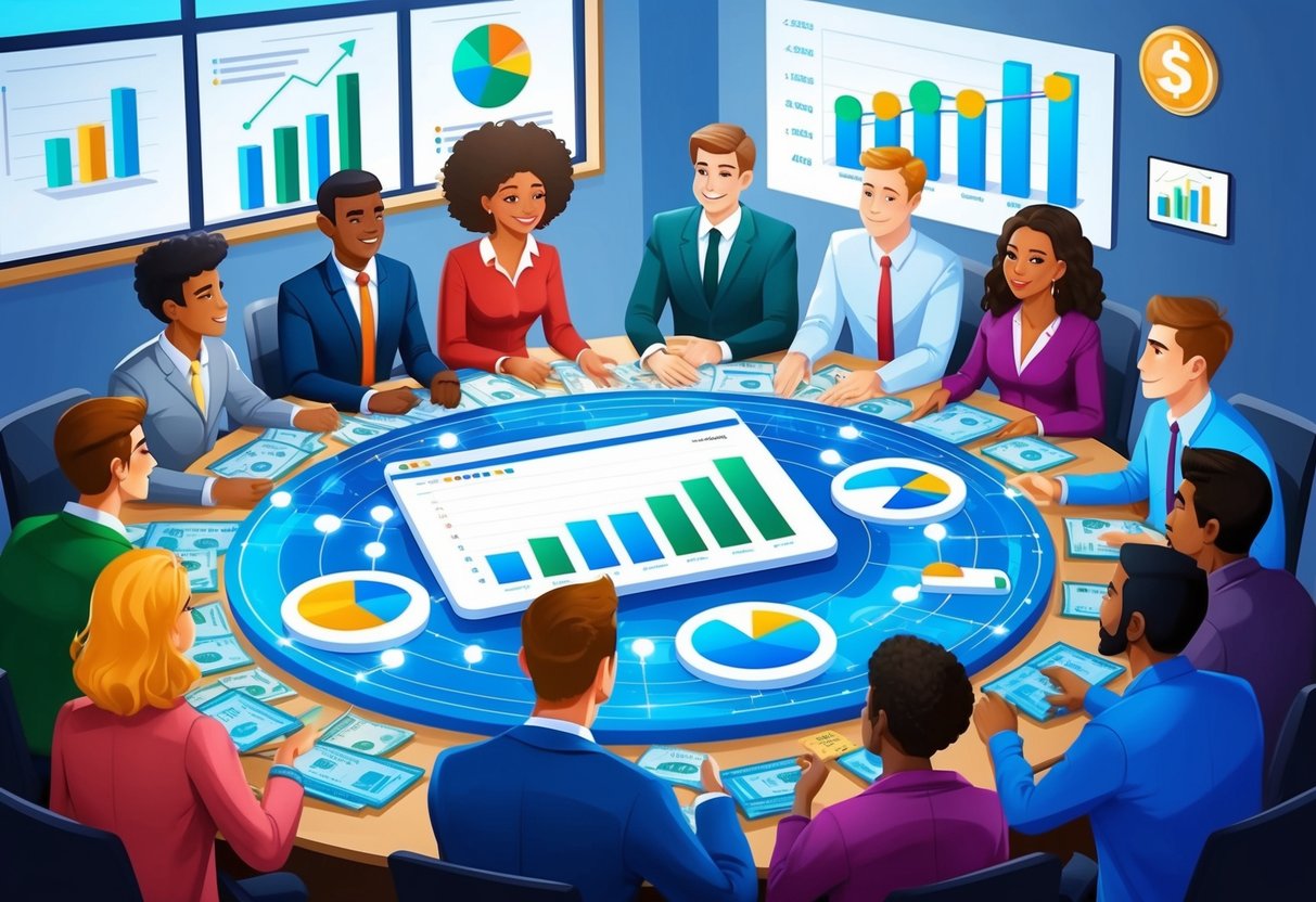 A group of diverse individuals gather around a digital platform, investing in real estate projects. Charts and graphs display growth and income potential