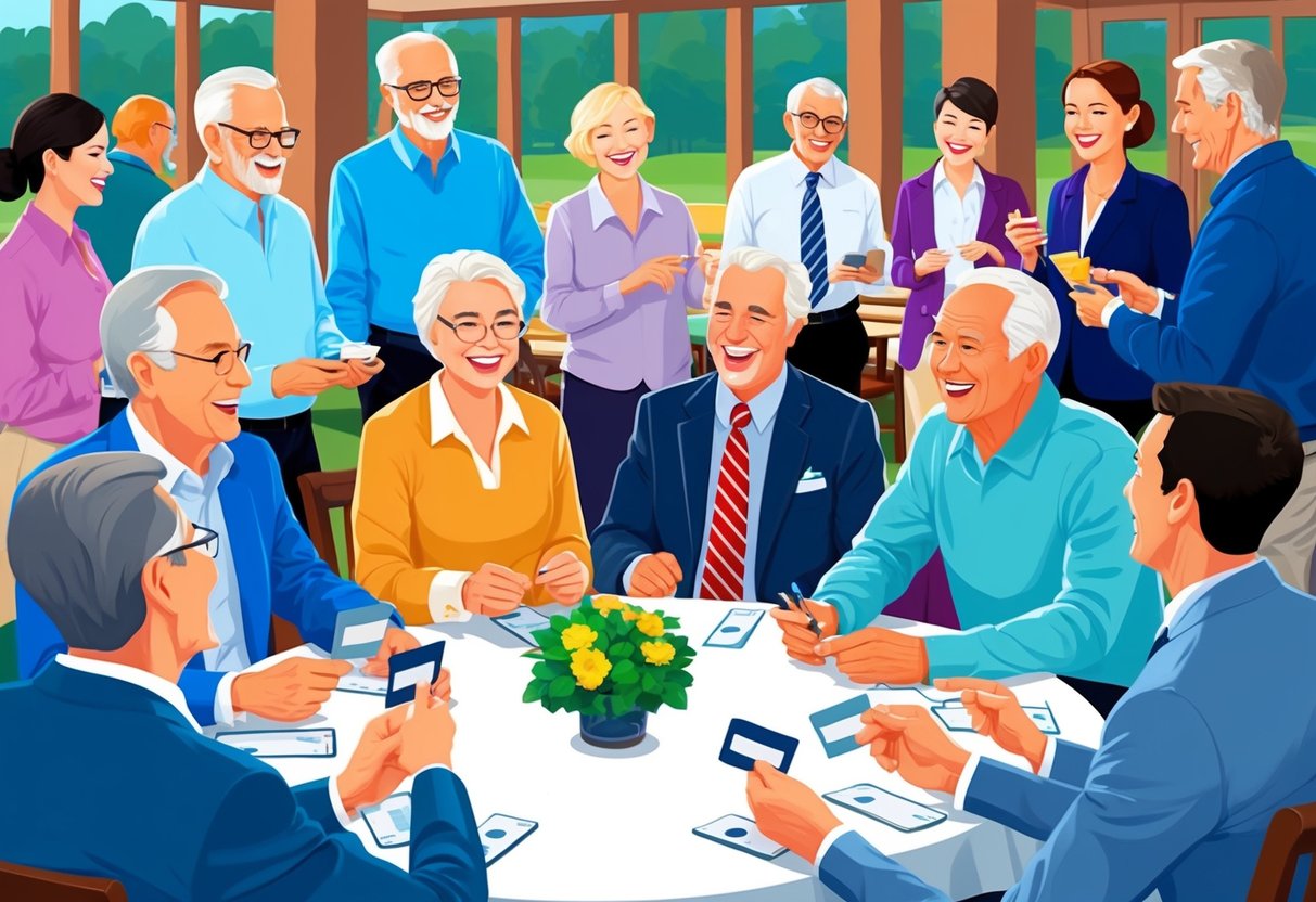 A group of retirees socializing at a country club, engaged in conversation and laughter, while others are seen networking and exchanging business cards