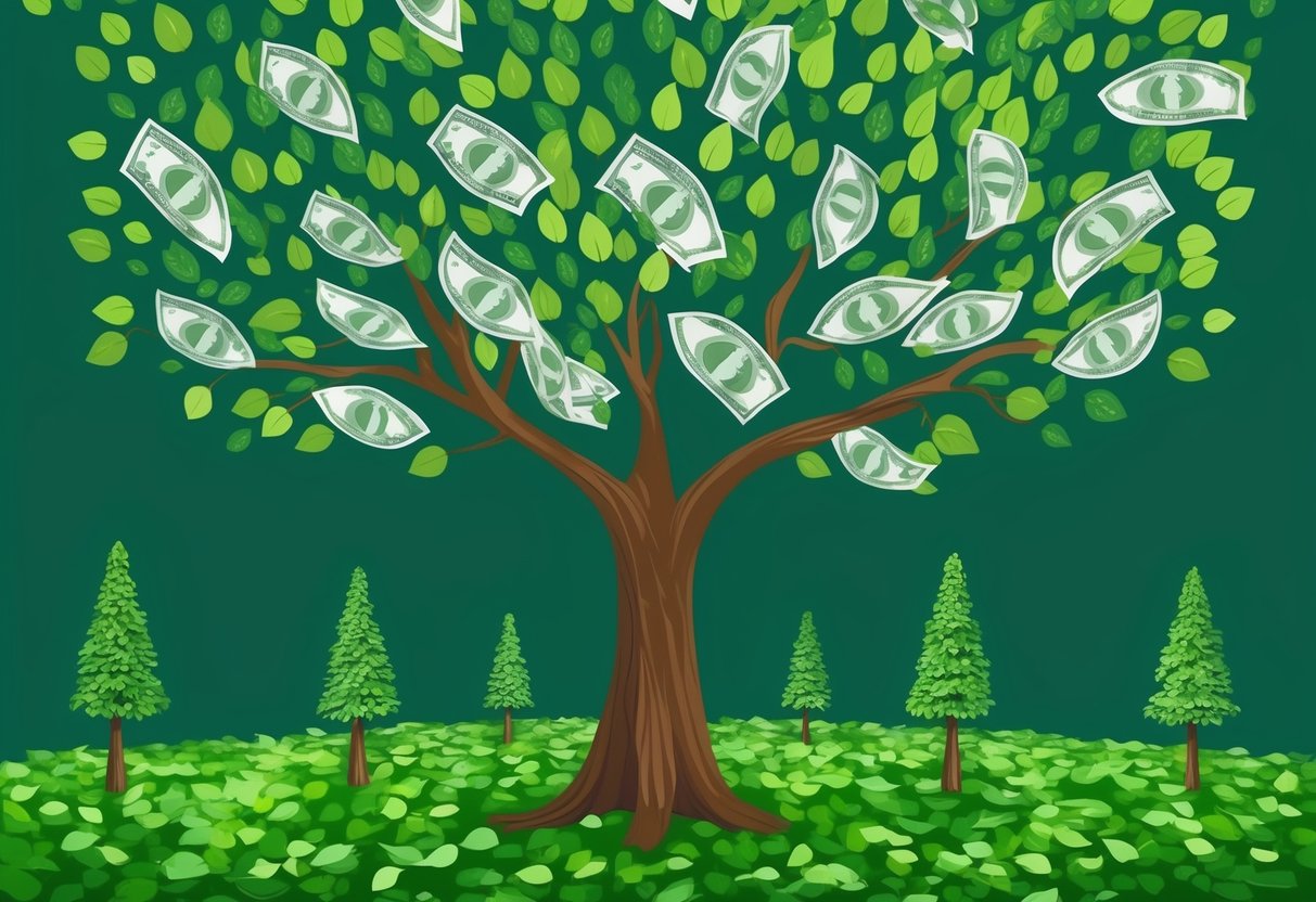 A tree growing money leaves, with smaller trees sprouting around it, representing the concept of reinvesting passive income to scale faster