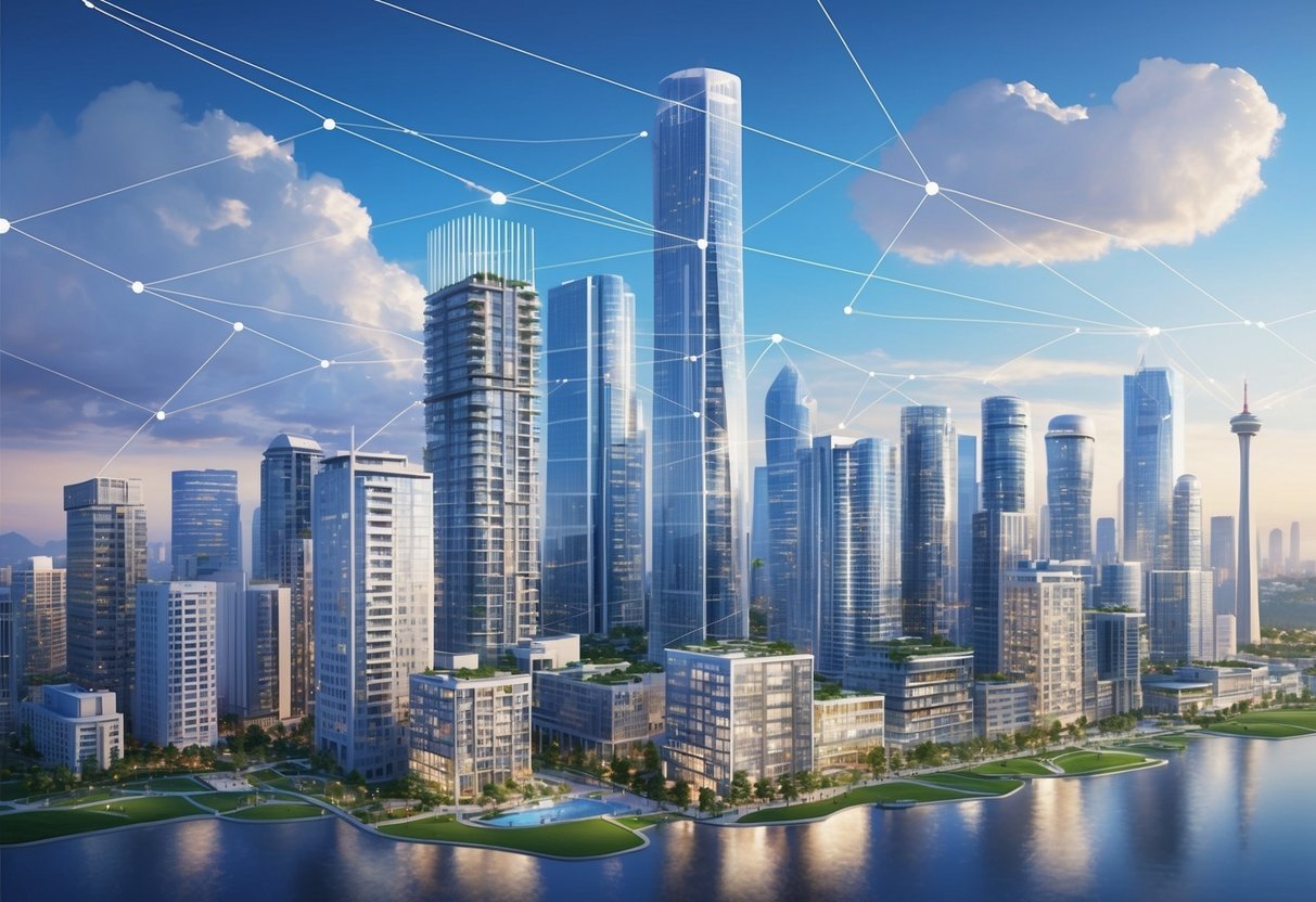 A modern city skyline with various real estate properties, including apartment buildings, office towers, and retail spaces, all interconnected with lines representing real estate crowdfunding investments