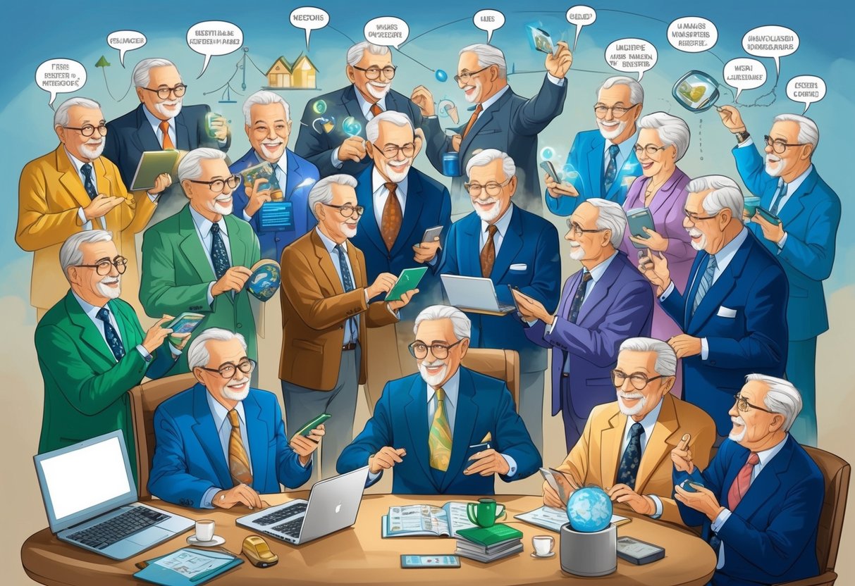 A group of wealthy retirees engage in various activities such as investing, networking, and mentoring, showcasing the psychology of success in wealth accumulation