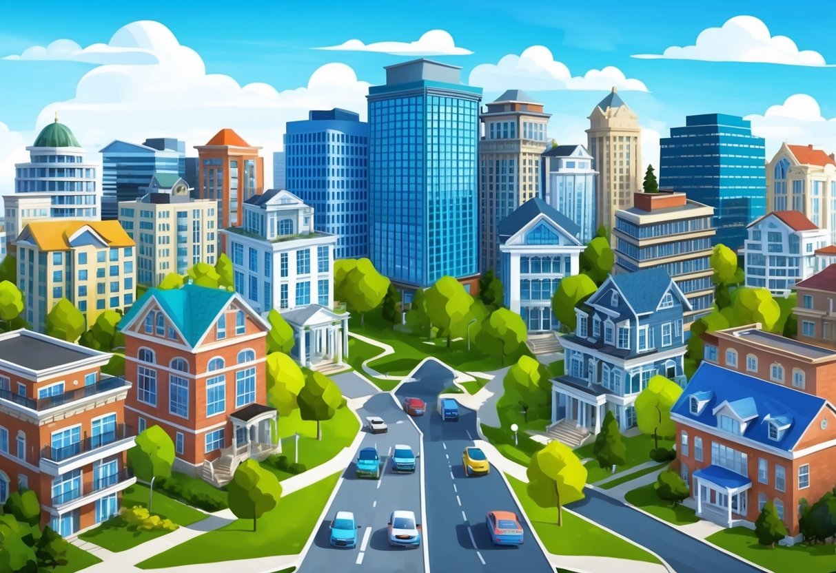 A diverse group of buildings and properties coming together, symbolizing the alignment of real estate crowdfunding with financial goals