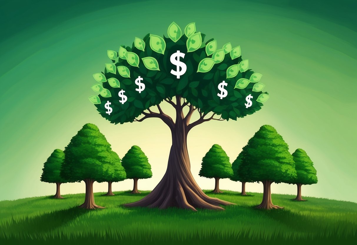 A growing tree with money symbol leaves, surrounded by smaller trees sprouting from the ground, representing the compounding effect of reinvesting passive income