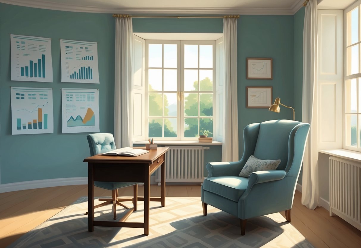 A serene, sunlit study with a tidy desk, financial charts on the wall, and a comfortable armchair for reading and reflection