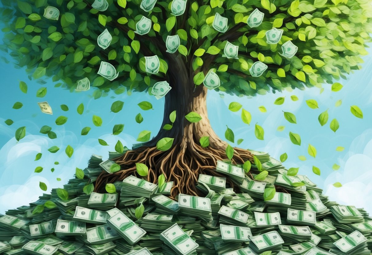A tree growing money leaves, with roots reaching into a growing pile of passive income