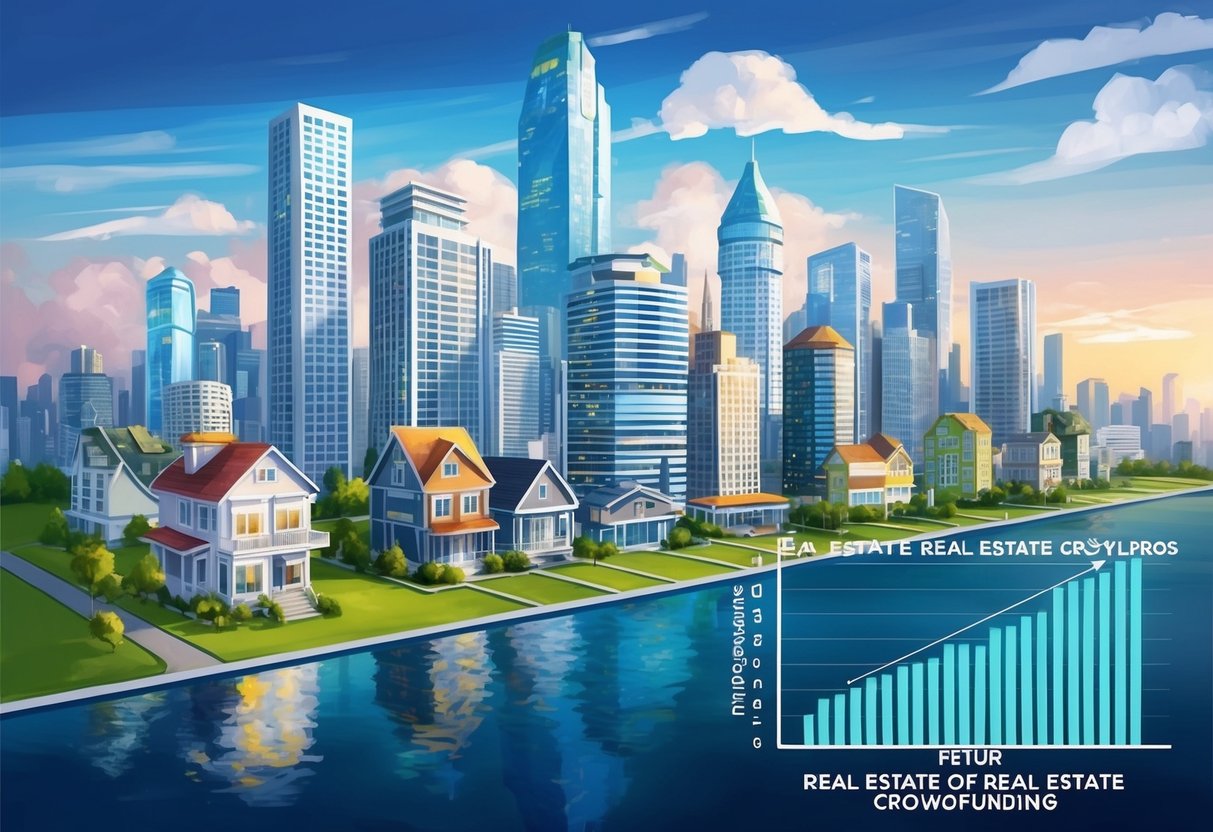 A bustling city skyline with various real estate properties, alongside a graph showing the potential risk and return of real estate crowdfunding