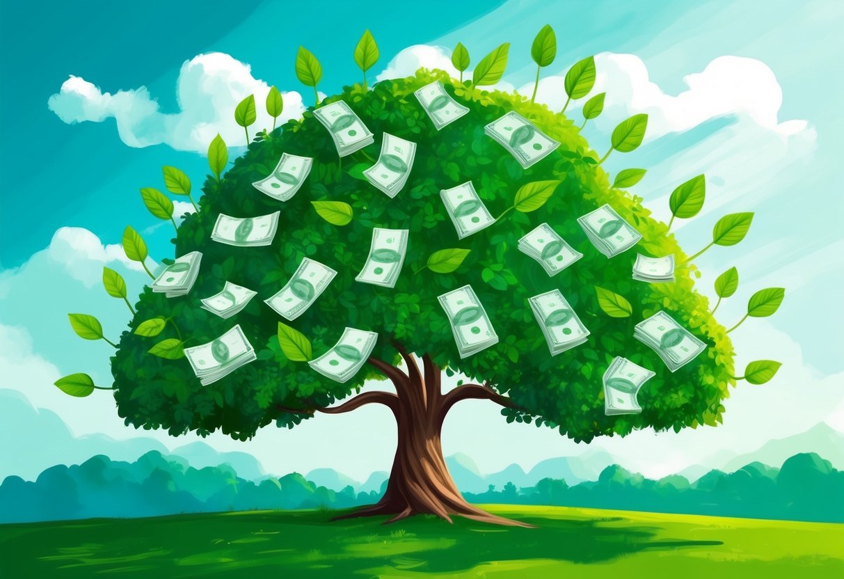 A lush, green tree with money growing as leaves, representing the concept of reinvesting passive income to scale financial goals