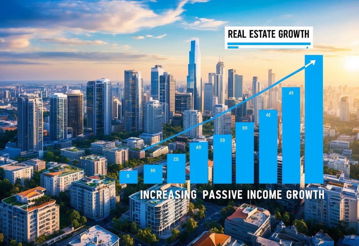 A bustling city skyline with various real estate properties, accompanied by a graph showing increasing passive income growth