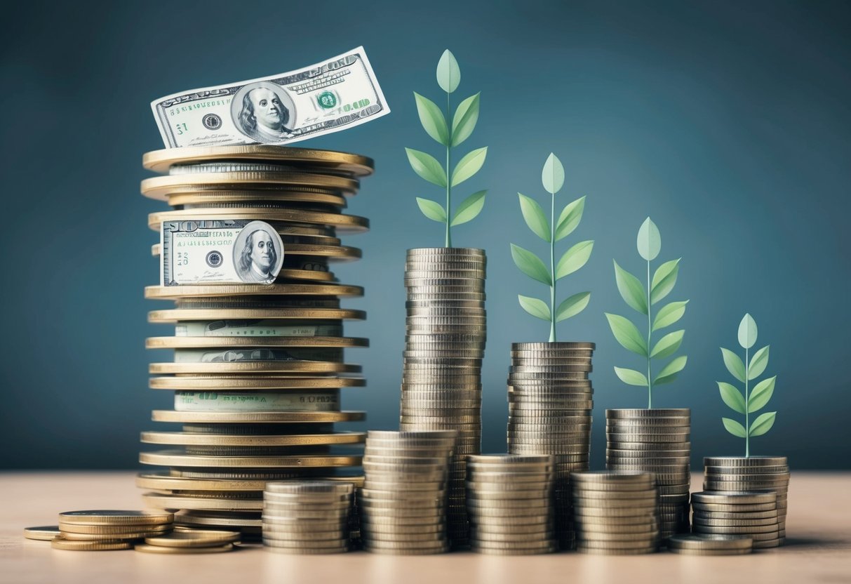 A stack of coins and dollar bills grows larger as it is reinvested, symbolizing the power of compounding passive income to scale faster