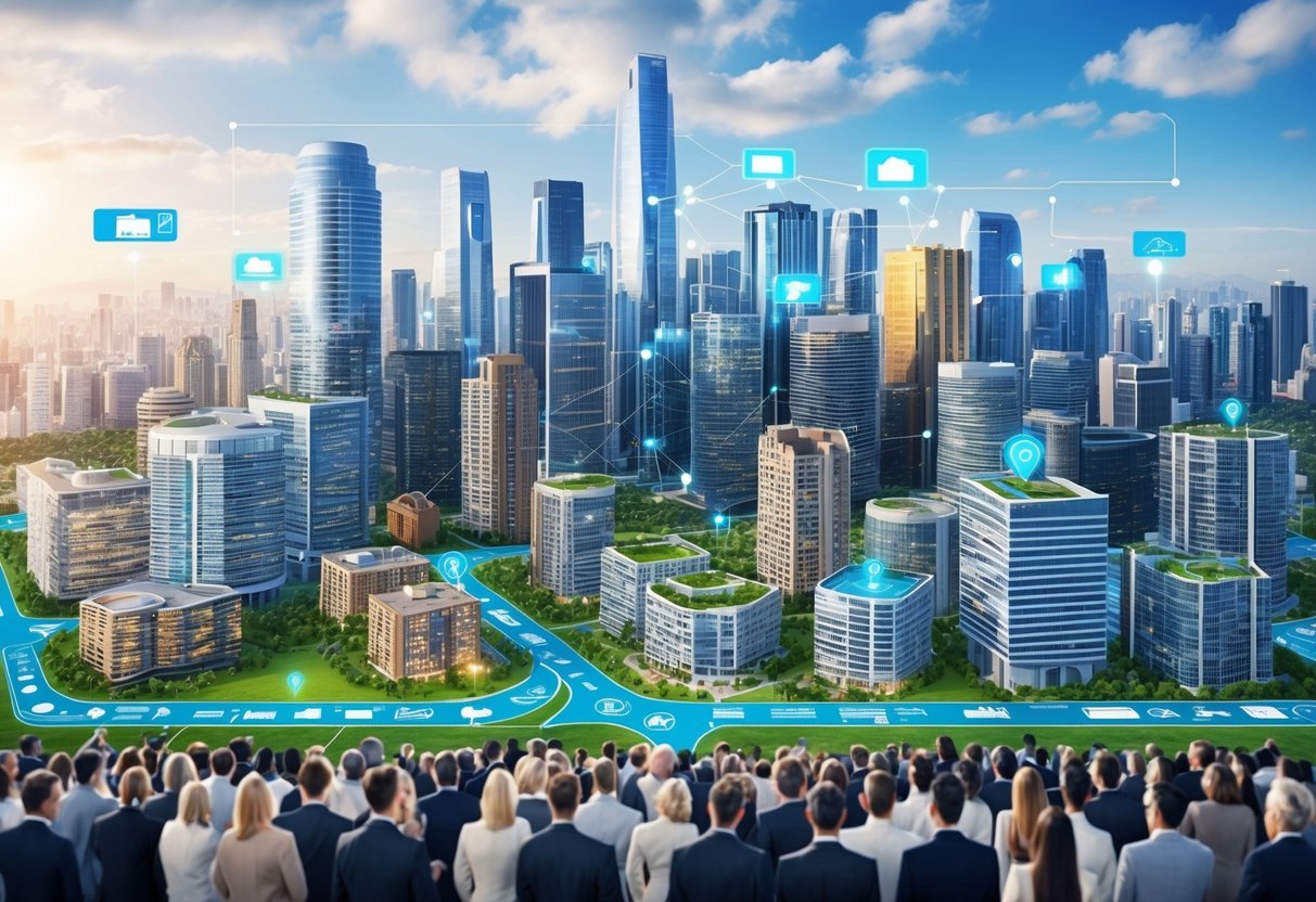 A bustling city skyline with various real estate properties, a crowd of investors, and digital platforms connecting them