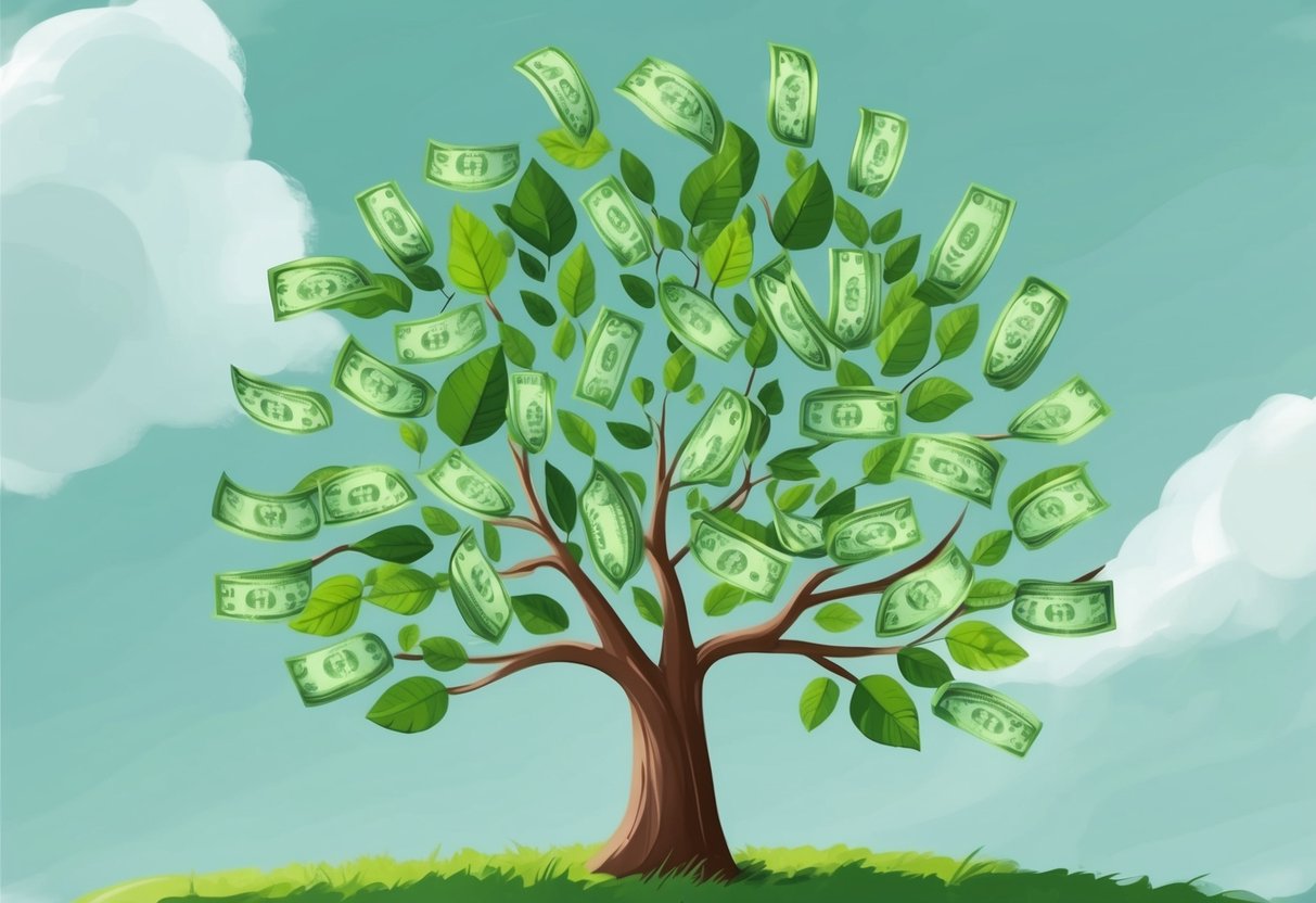 A tree growing with money leaves, symbolizing passive income reinvestment to scale faster