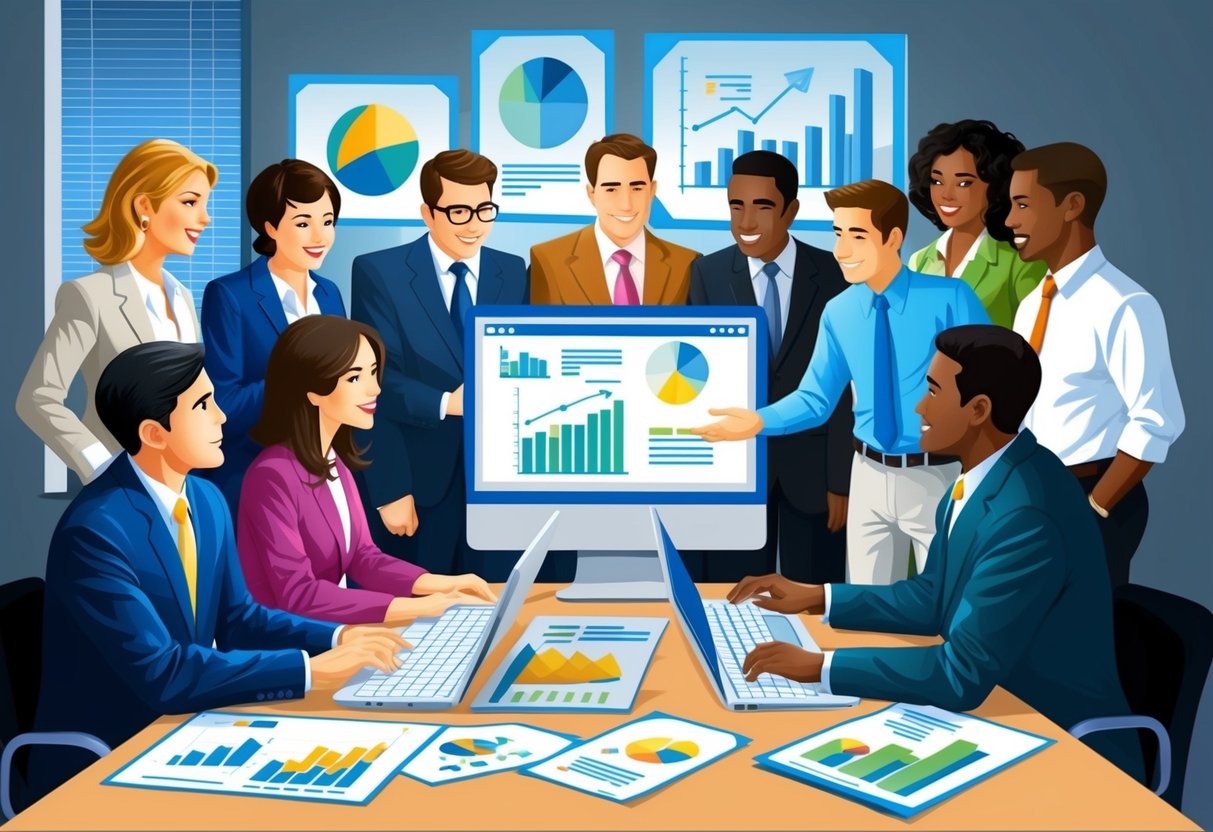 A diverse group of investors gather around a computer screen, discussing real estate crowdfunding options. Charts and graphs are scattered around the table, indicating financial growth