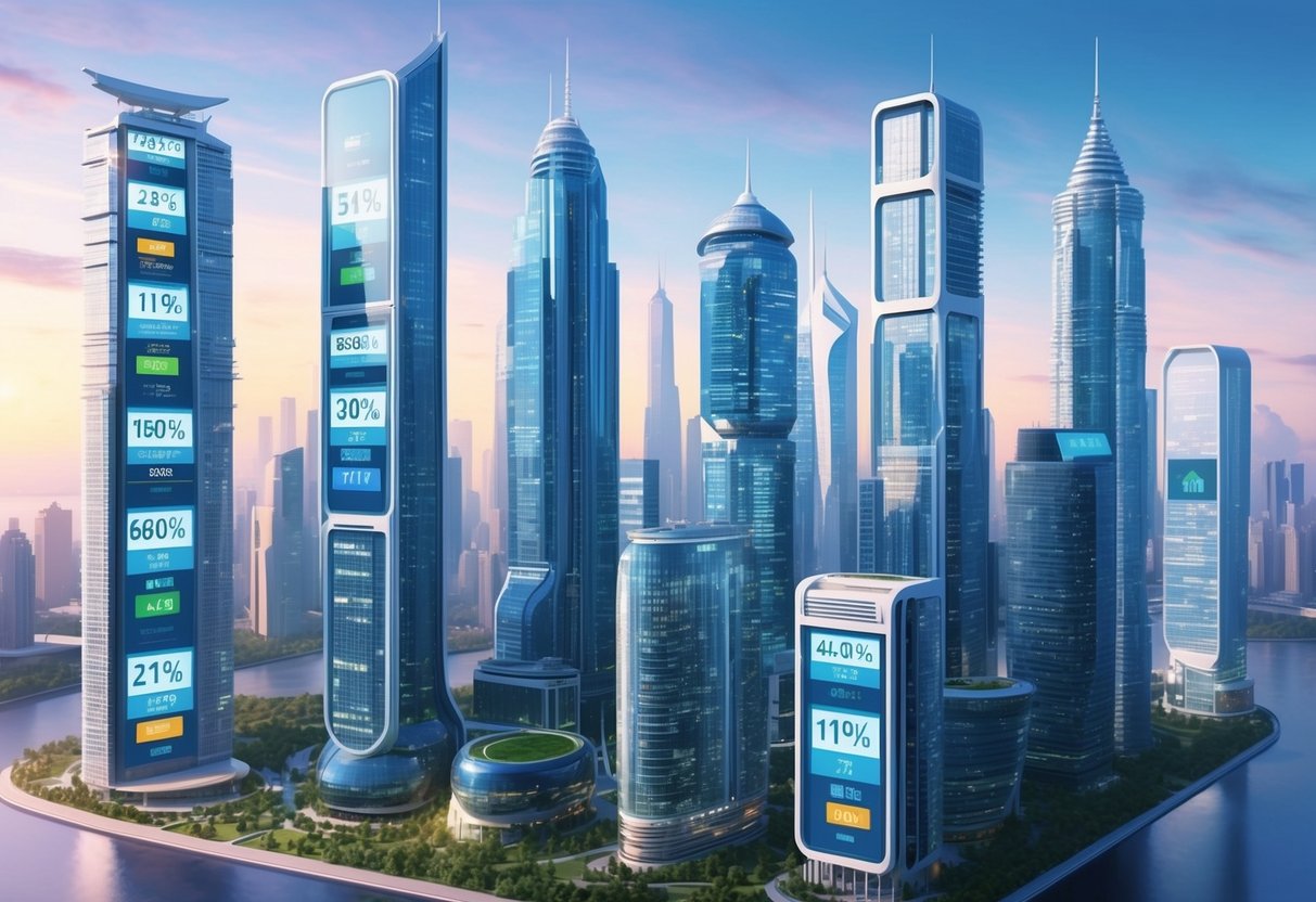 A futuristic city skyline with multiple high-rise buildings and digital screens displaying real estate crowdfunding statistics