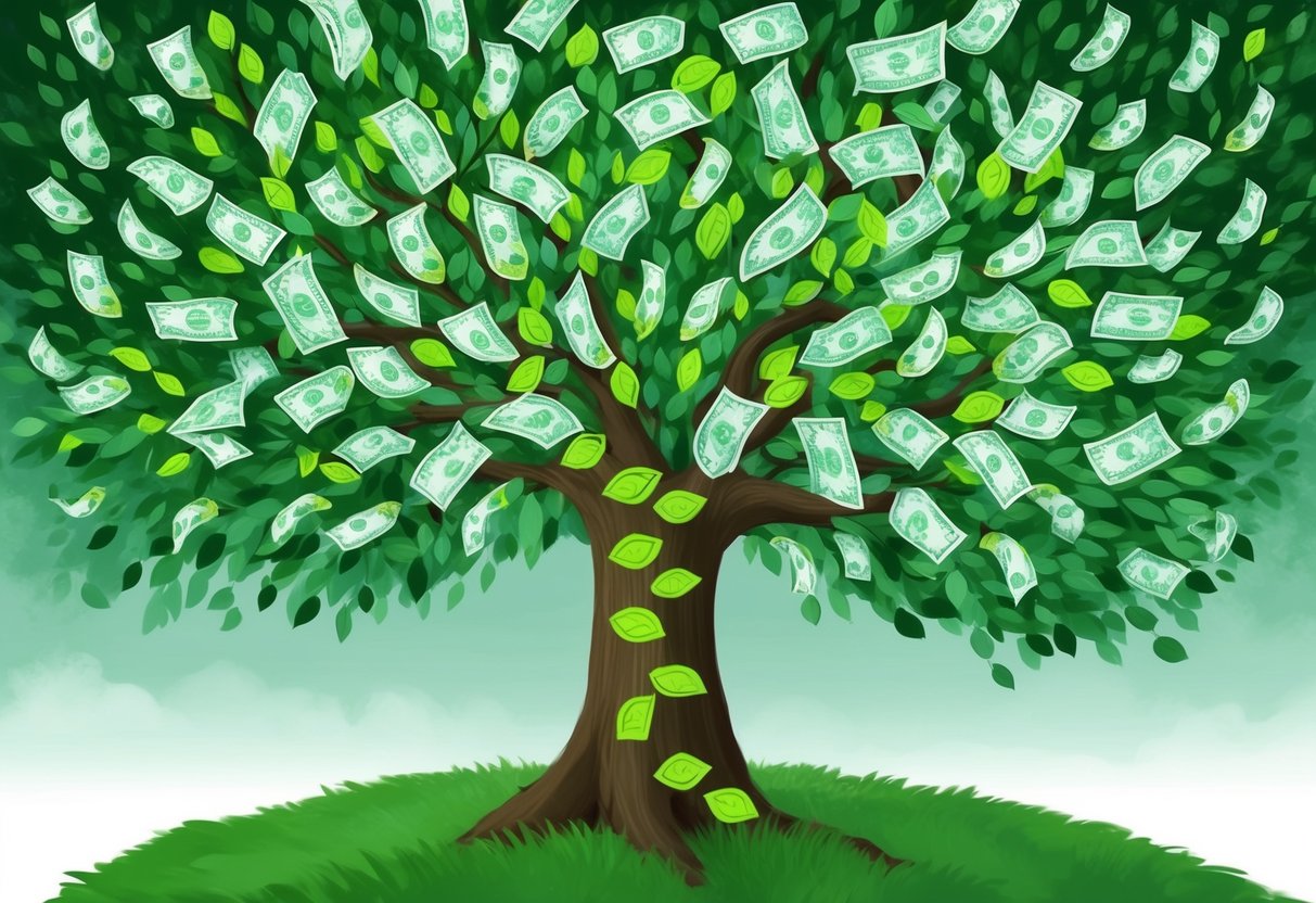 A tree growing with money as leaves, representing the concept of reinvesting passive income for accelerated growth in investment accounts