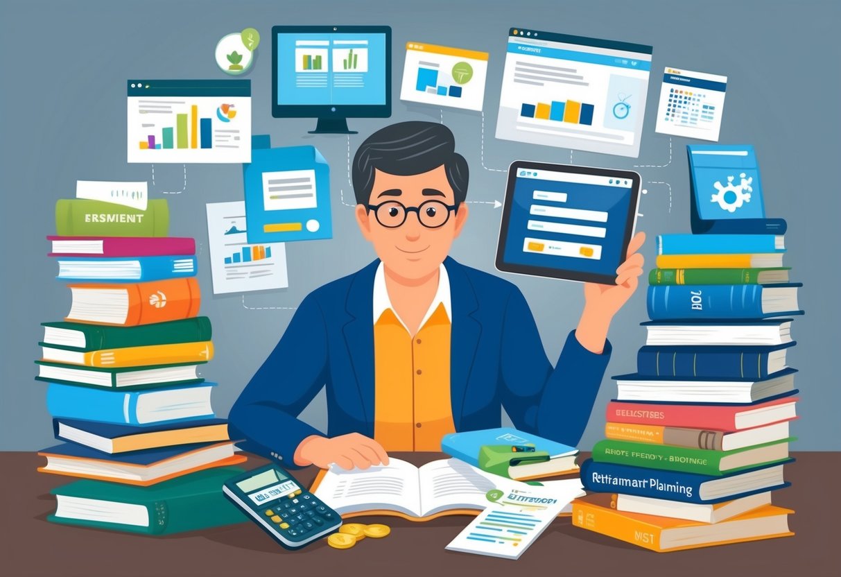 A person exploring a variety of retirement planning resources, such as books, websites, and financial documents, with a look of curiosity and determination