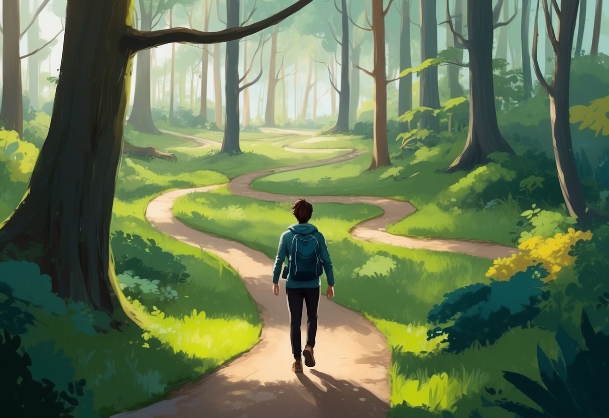 A person exploring a winding path through a forest, discovering different paths and options along the way