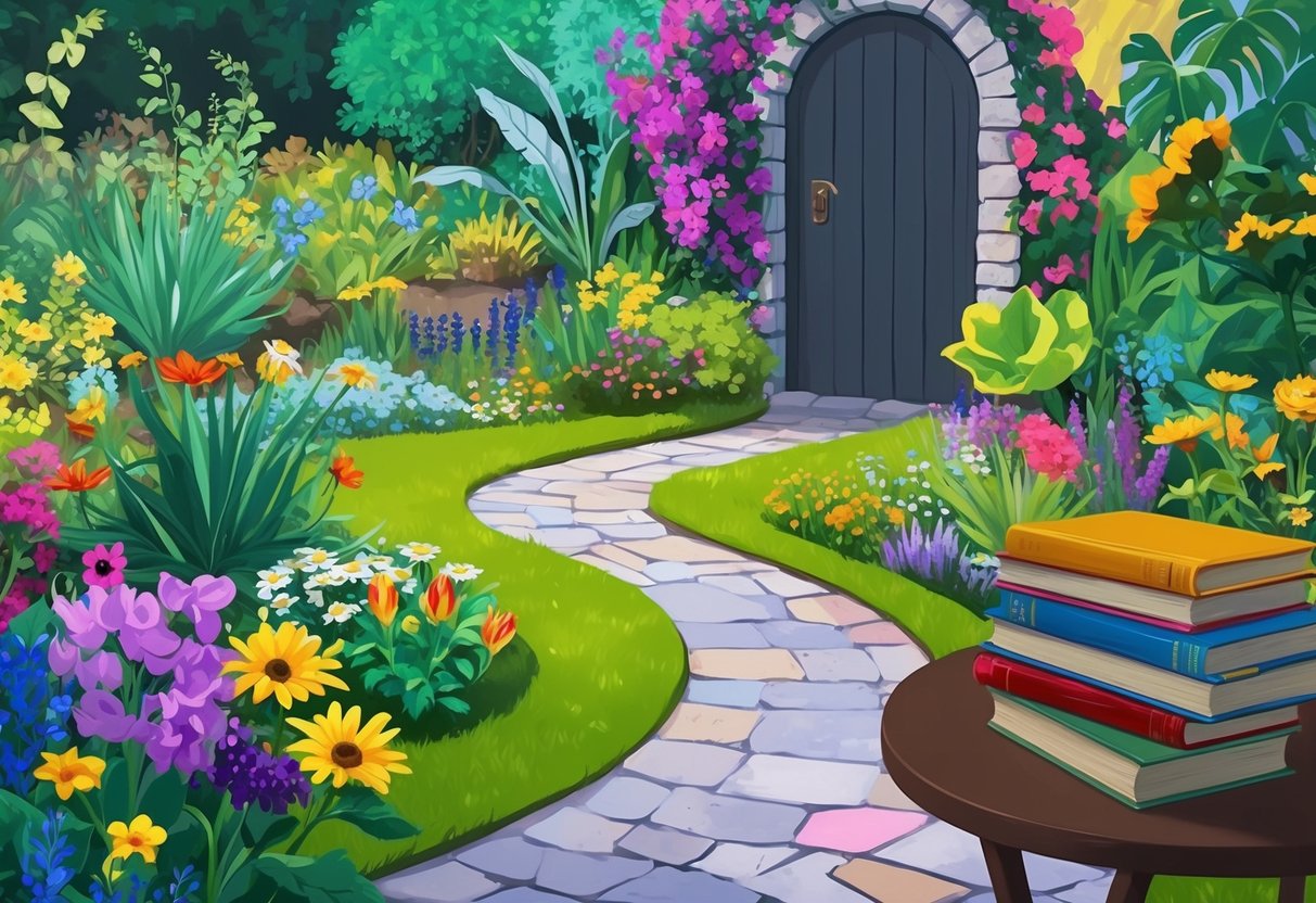 A colorful garden with various plants and flowers, a winding path leading to a mysterious door, and a stack of books on a table