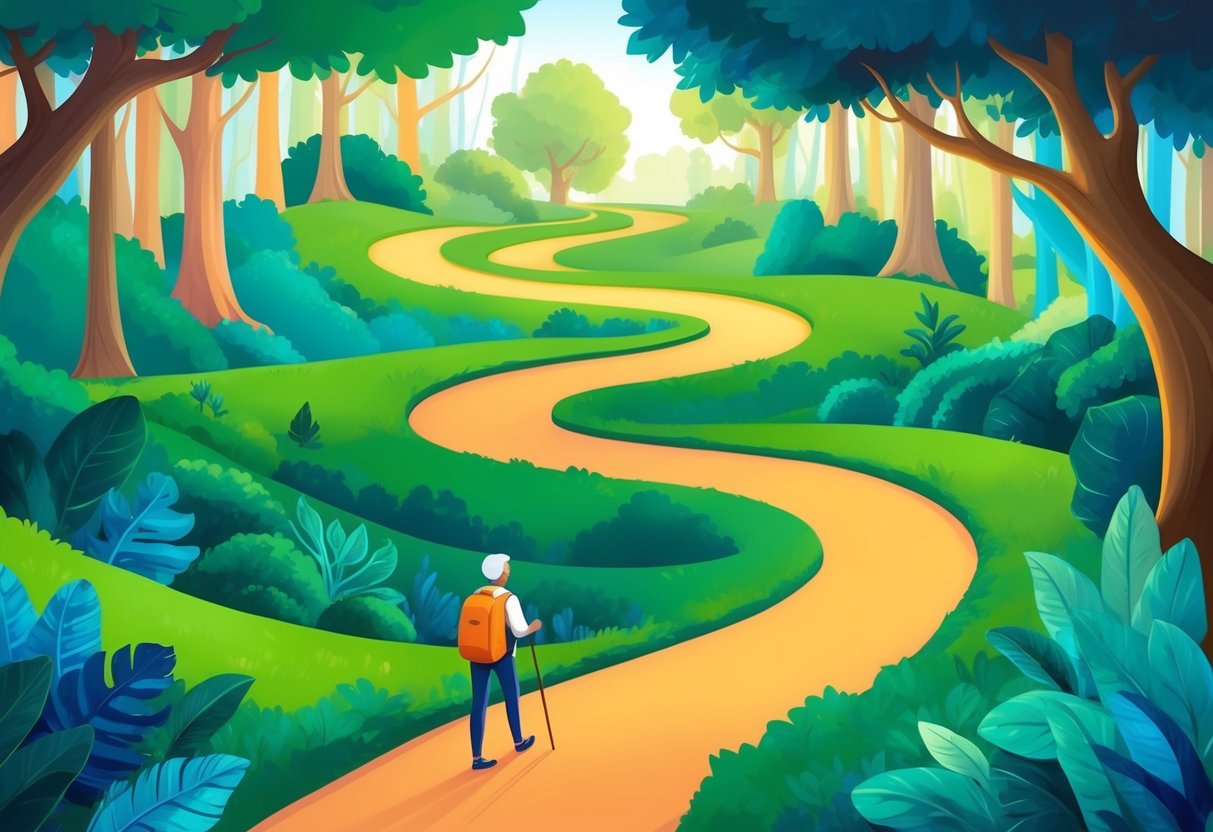 A person exploring a vibrant, winding path through a lush forest, with various paths leading in different directions, symbolizing the connection between curiosity and finding new retirement strategies