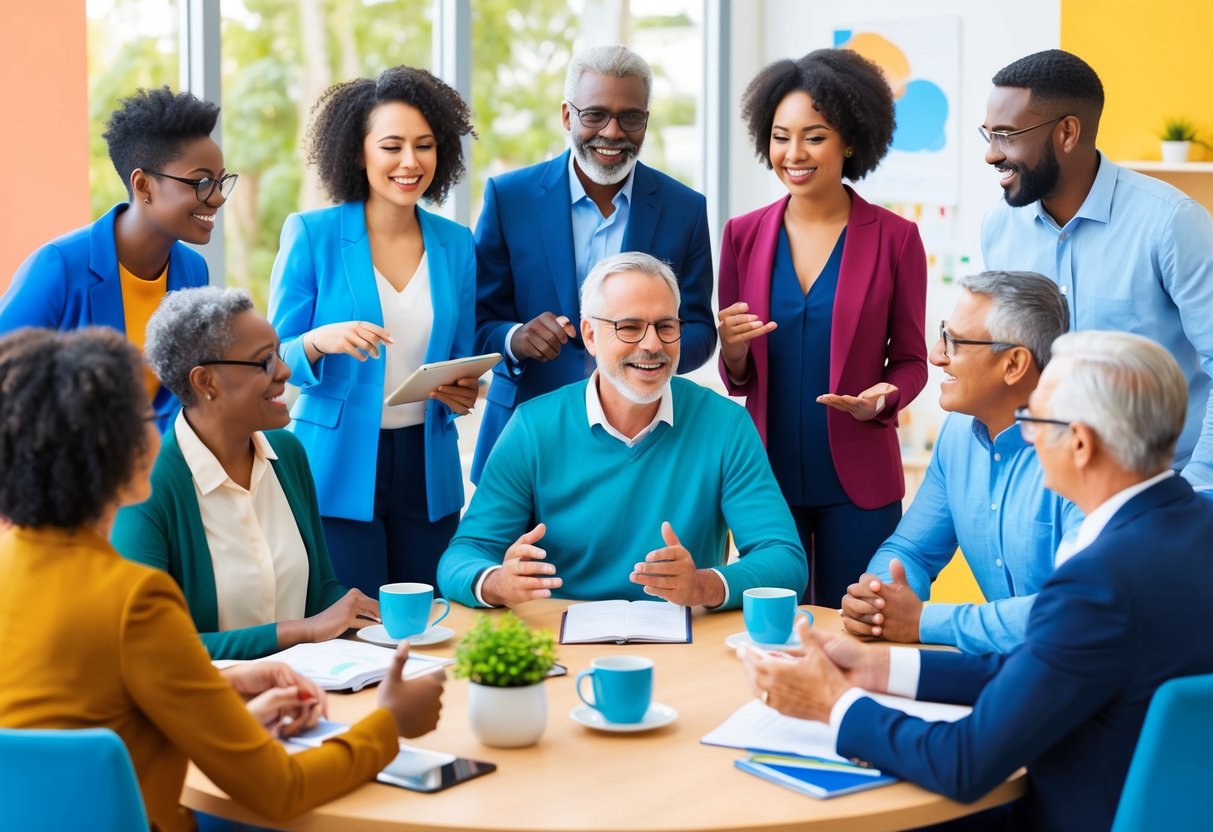 A group of diverse individuals engaged in lively conversation, sharing ideas and exploring new retirement strategies together