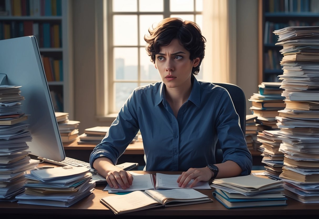 A person sitting at a desk surrounded by stacks of papers, books, and a computer, with a look of intense focus and curiosity on their face