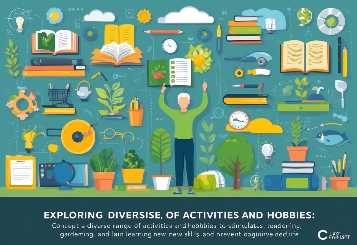 A person exploring a diverse range of activities and hobbies, such as reading, gardening, and learning new skills, to stimulate their curiosity and prevent cognitive decline