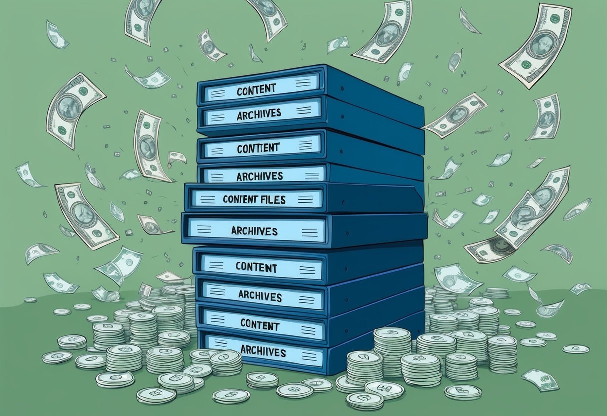 A stack of digital files labeled "Content Archives" surrounded by flowing streams of money, symbolizing passive revenue