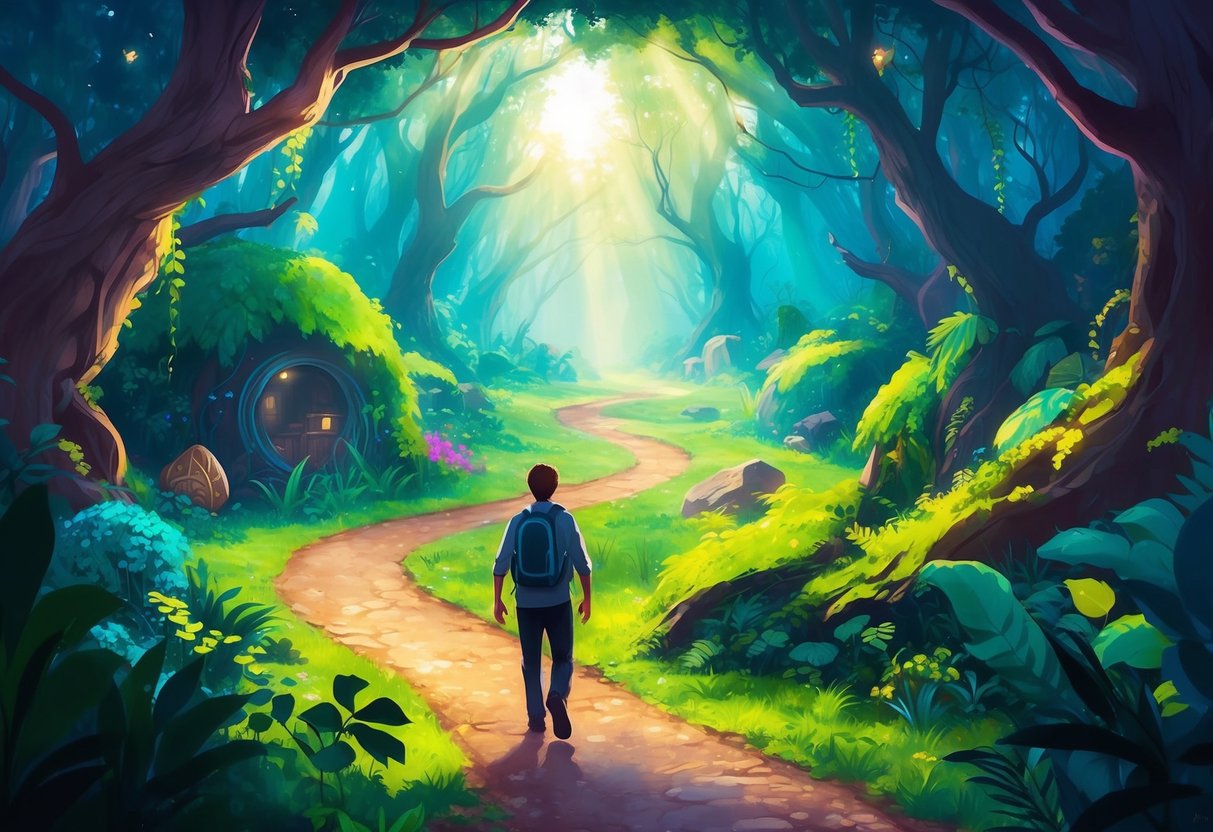 A person exploring a winding path through a vibrant, mysterious forest, with sunlight peeking through the canopy, and various intriguing objects hidden among the foliage