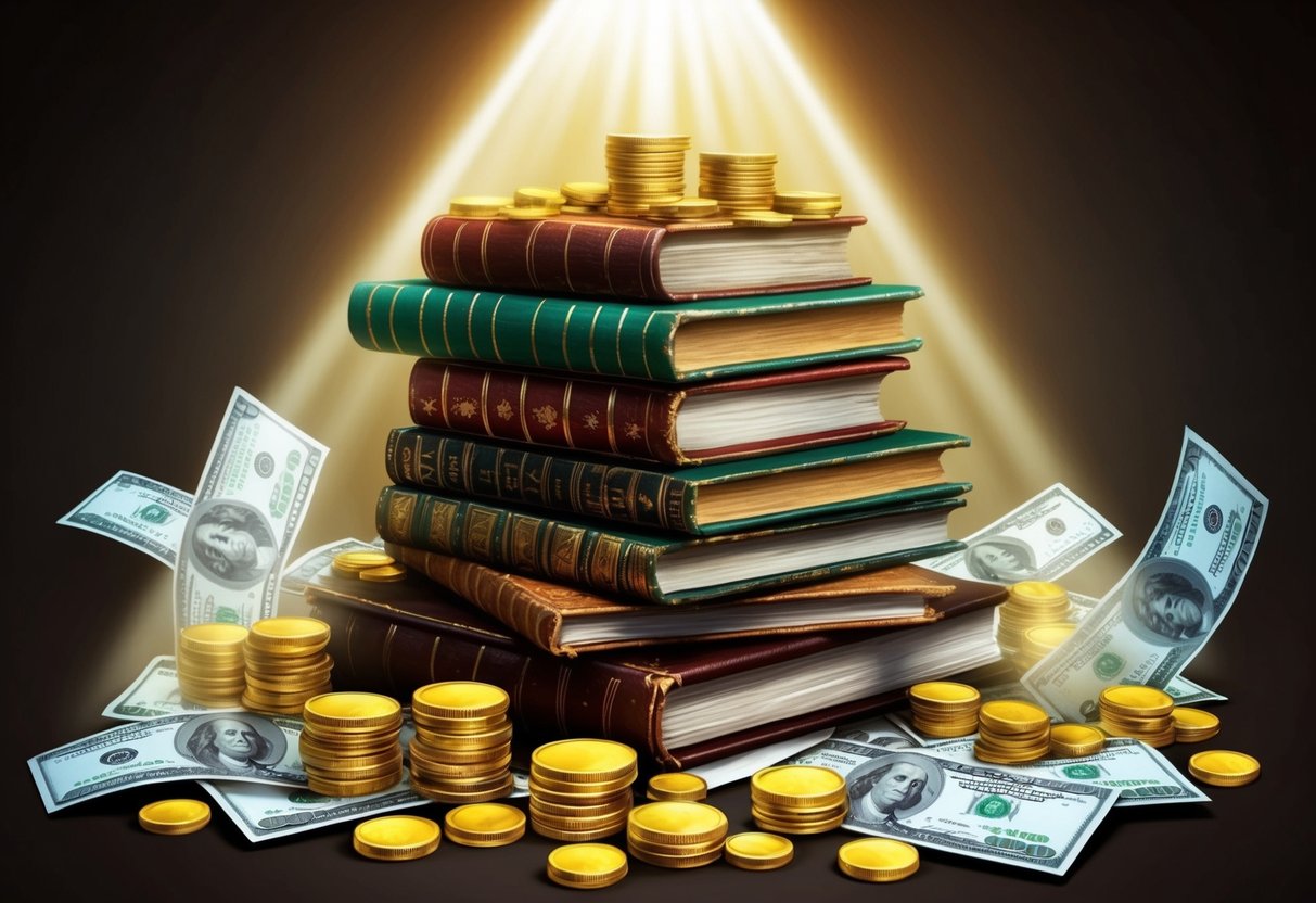 A stack of old books and scrolls surrounded by gold coins and dollar bills, with a beam of light shining down on them