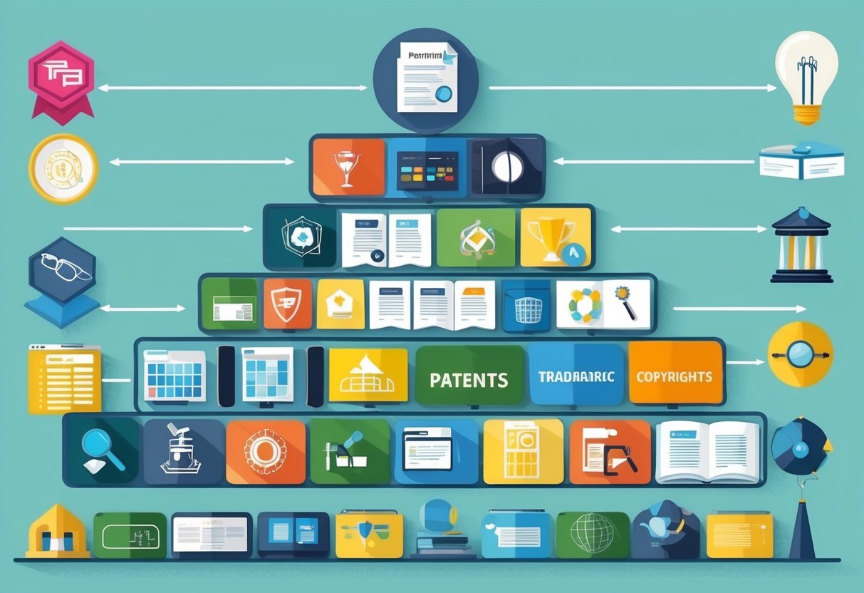 A collection of various creative assets, such as patents, trademarks, and copyrights, arranged in a hierarchical structure to illustrate the concept of scaling income through intellectual property licensing