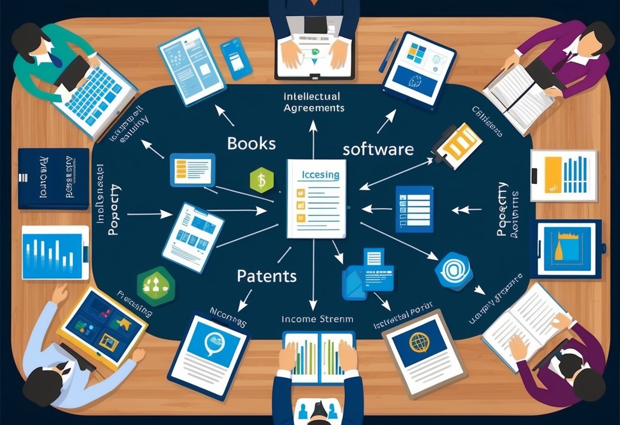 A table with various intellectual property items (books, software, patents) surrounded by a network of arrows representing licensing agreements and income streams