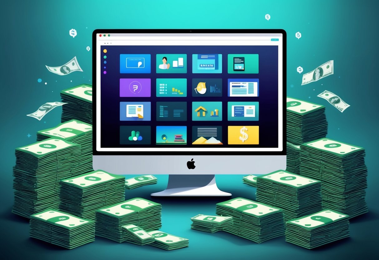 A computer screen displaying a digital archive with a variety of content, surrounded by stacks of money representing passive revenue