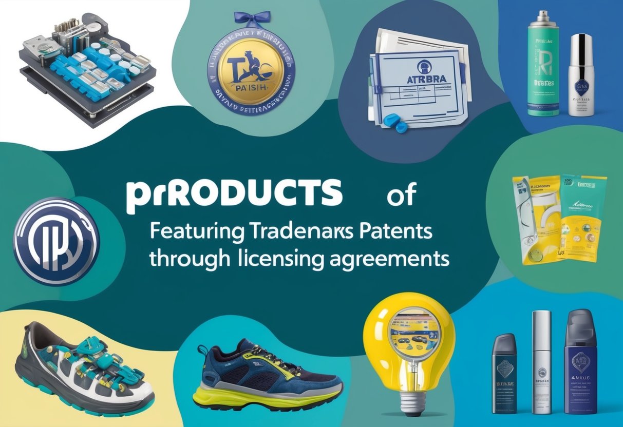 A collection of diverse products featuring trademarks and patents, generating income through licensing agreements
