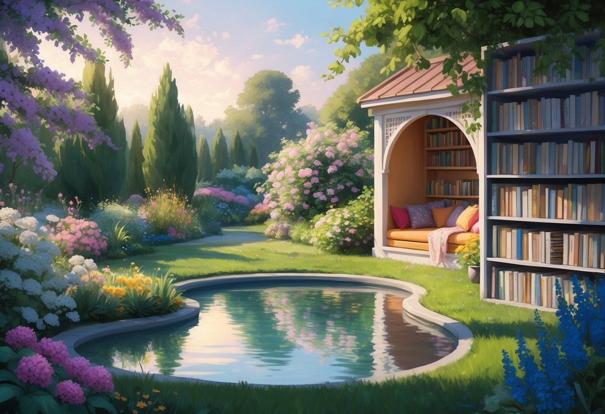 A serene garden with blooming flowers, a tranquil pond, and a cozy outdoor reading nook surrounded by shelves of archived content