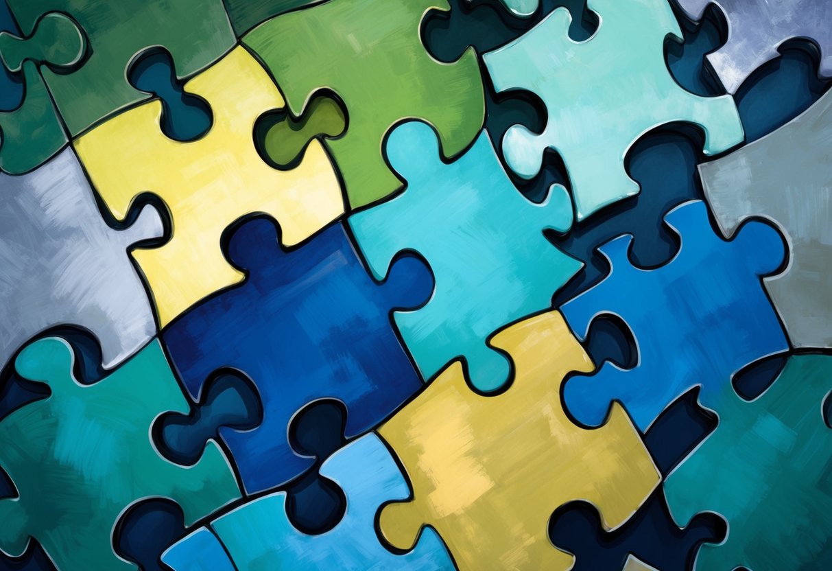 A group of puzzle pieces fitting together, each representing a different aspect of intellectual property, forming a cohesive and interconnected network