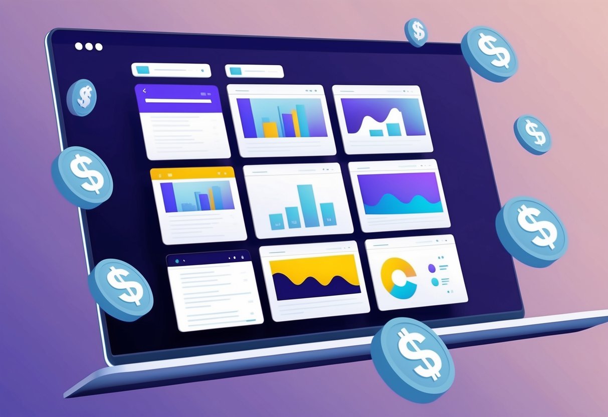 A digital platform interface displaying various content archives with money symbols floating around, representing passive revenue streams