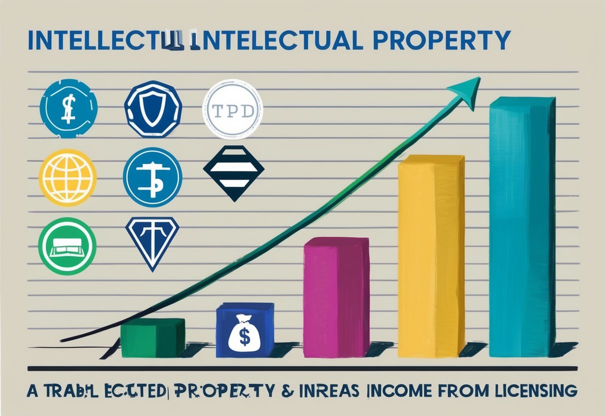 A table with various intellectual property symbols (e.g. patents, trademarks) and a graph showing increasing income from licensing
