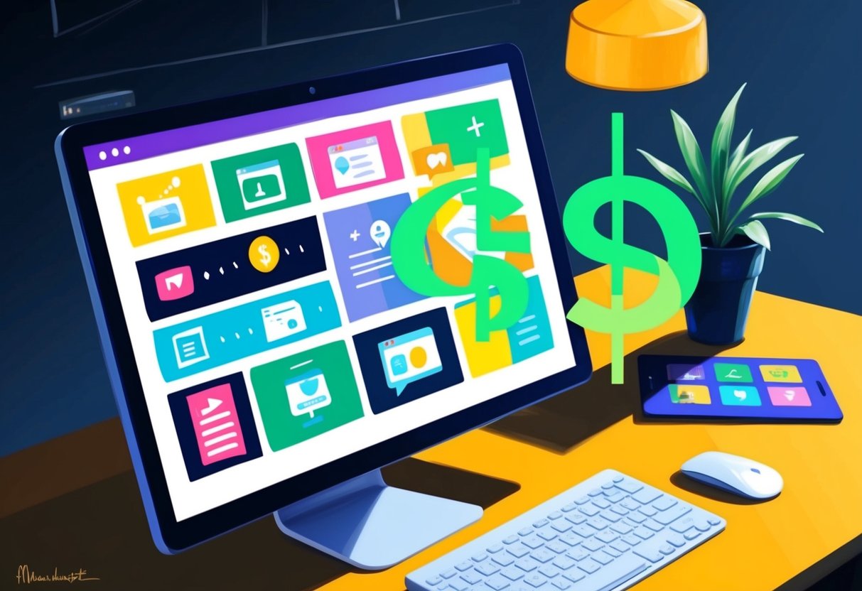 A computer screen displaying a variety of content icons, with a dollar sign overlay indicating monetization