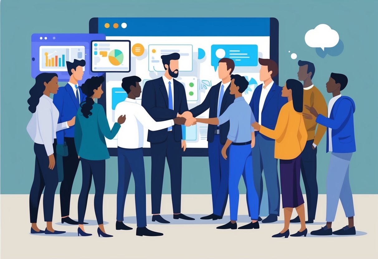 A group of diverse individuals shaking hands in front of a digital archive, representing partnerships and collaborations to monetize content for passive revenue