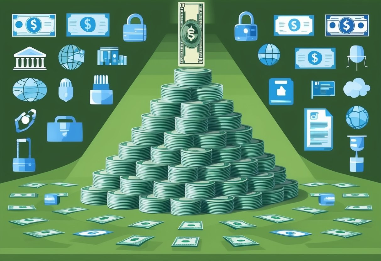 A stack of money growing larger, surrounded by various objects representing different forms of intellectual property
