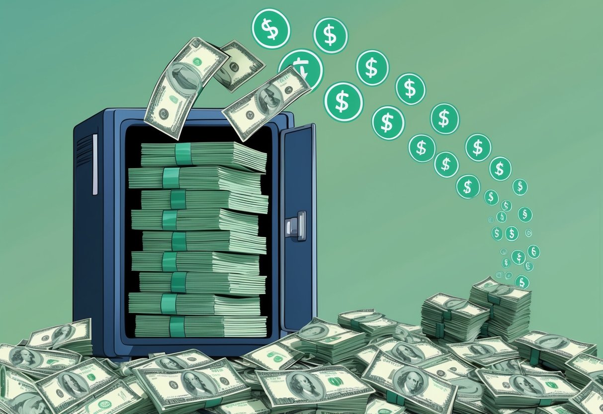 A stack of cash flowing into a digital archive, while a stream of money symbols flow out, representing the expansion of passive revenue streams through effective promotion techniques for monetized content