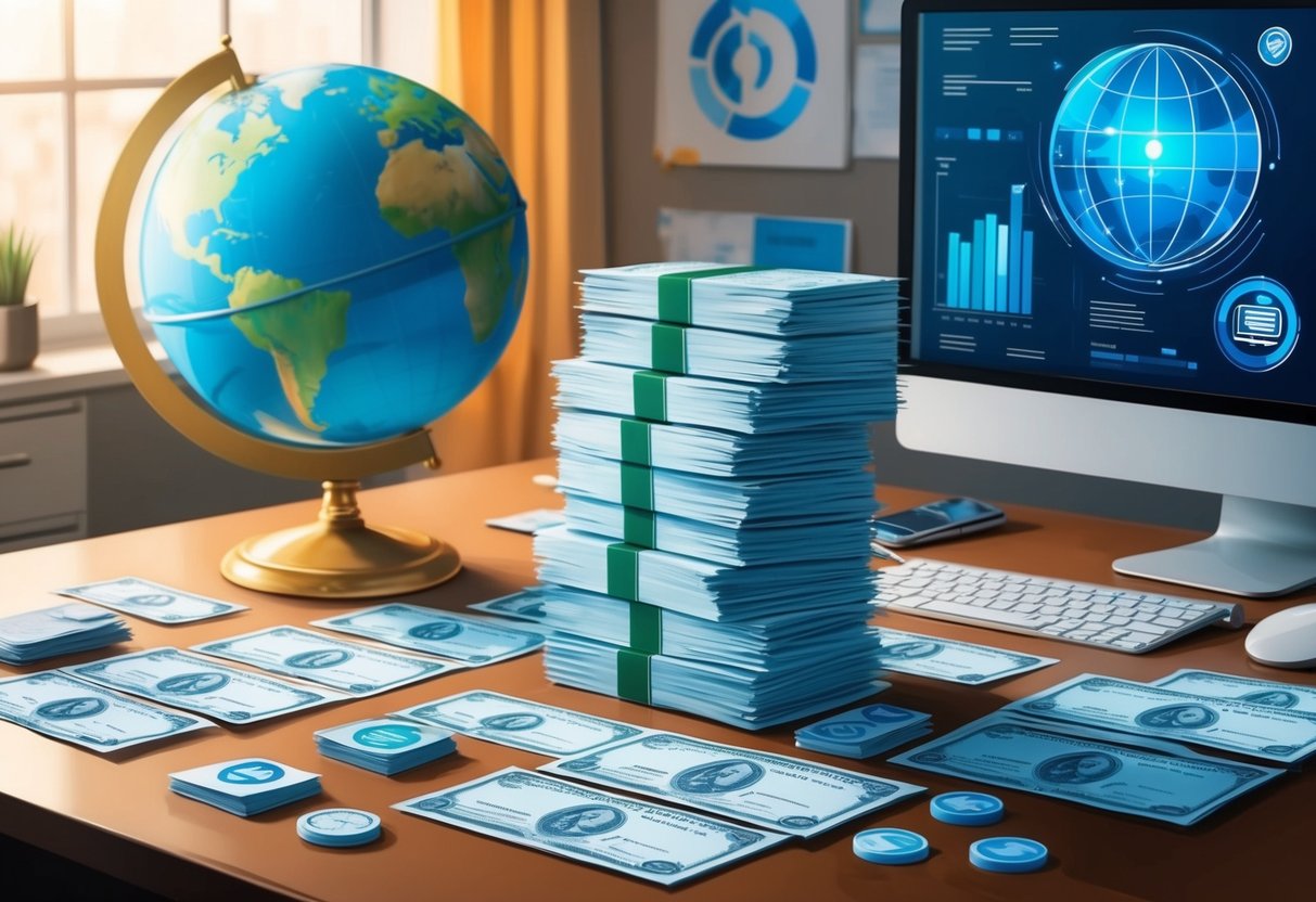 A stack of royalty checks and contracts on a desk, surrounded by a globe, a computer, and various intellectual property symbols