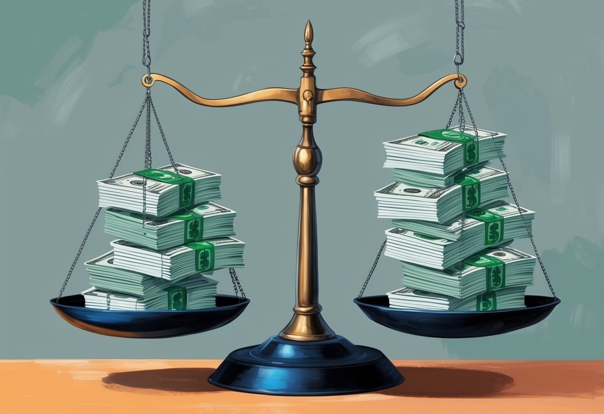 A scale balancing stacks of money and various intellectual property symbols
