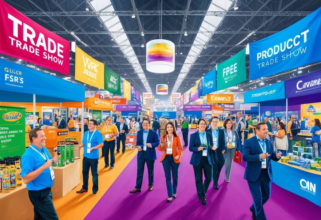 A bustling trade show floor with colorful banners, product displays, and enthusiastic vendors showcasing licensed products