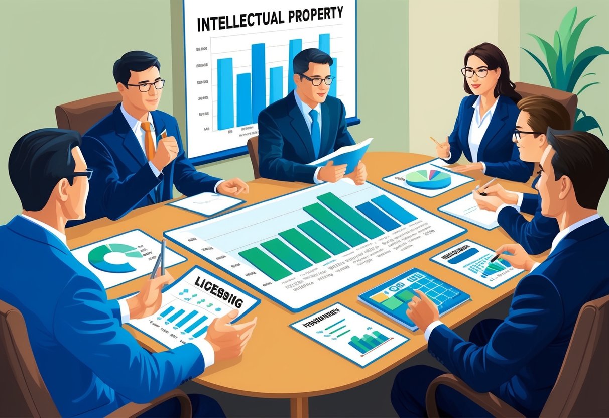 A group of business professionals engage in a meeting, discussing and negotiating terms for licensing intellectual property. Charts and graphs show potential income growth