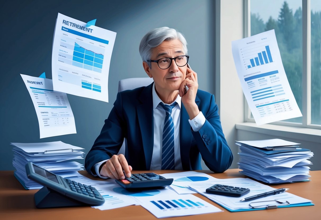 A person sitting at a desk, surrounded by financial documents and a calculator, with a thoughtful expression while contemplating retirement planning