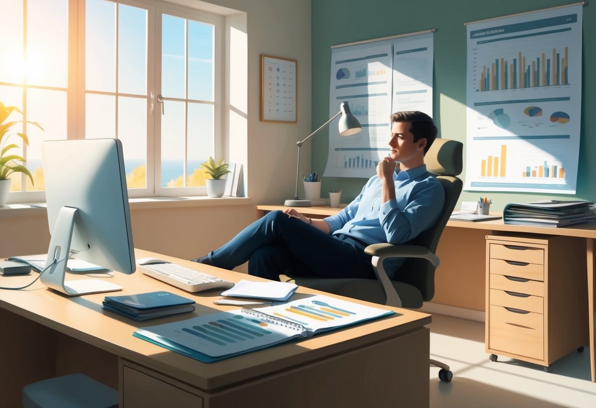 A serene, sunlit office space with a desk, computer, and open planner. A person sits comfortably, deep in thought, surrounded by charts and financial documents